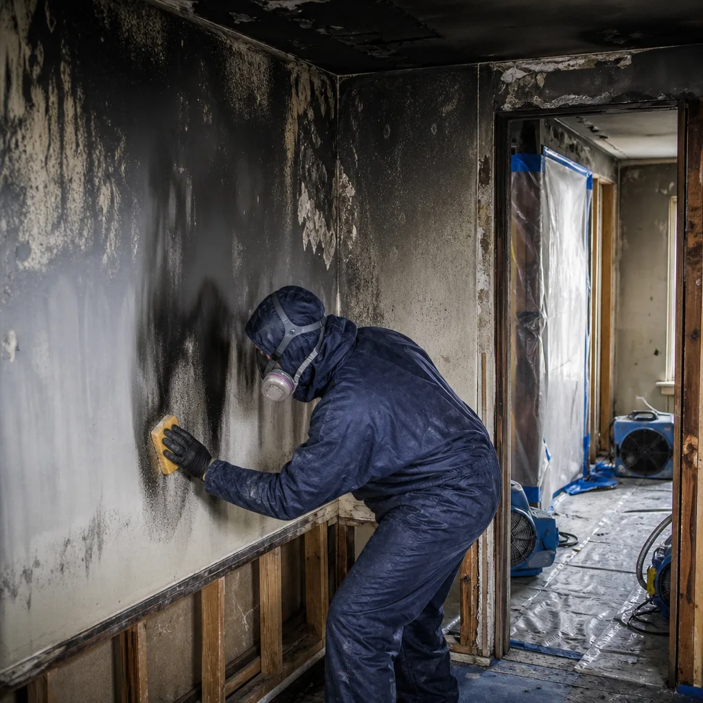 Technician in hazmat suit performing professional fire and smoke damage restoration.