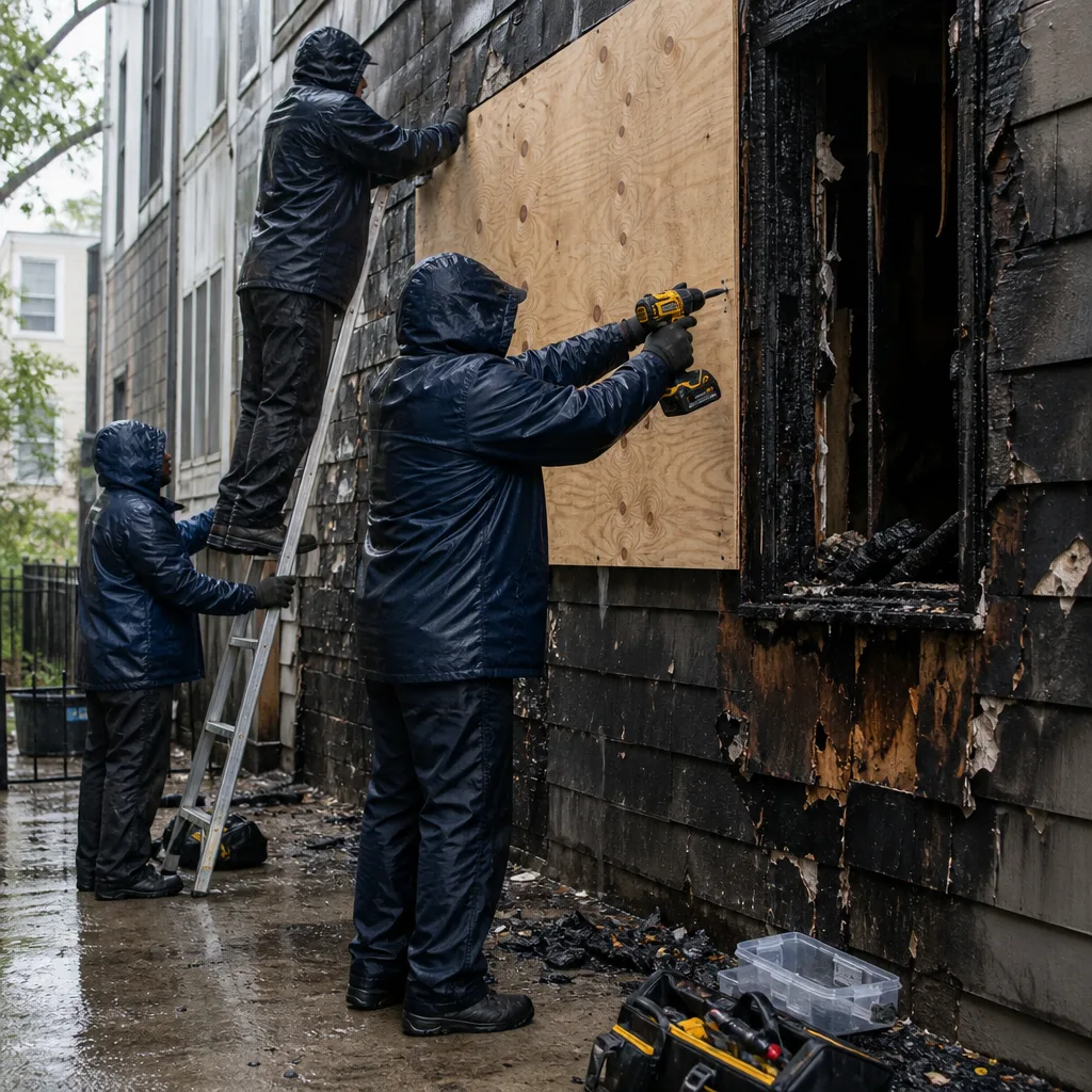 Team performing emergency board up service after fire and smoke damage
