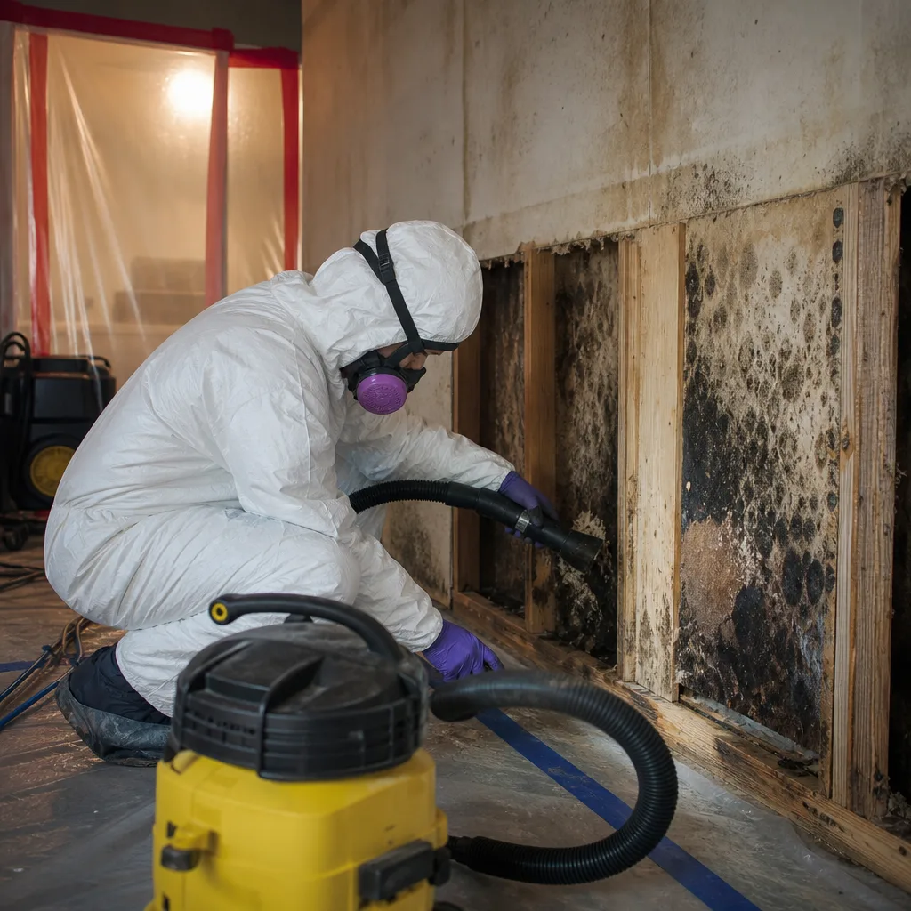 Technician in protective gear performing professional mold remediation on a wall.