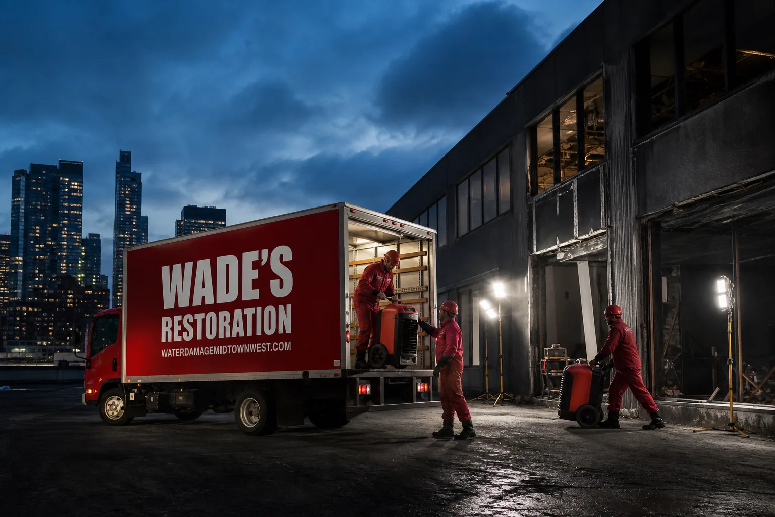 Wade's Restoration damage restoration service vehicle and crew in Midtown West, NY